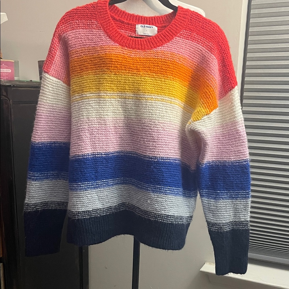 Old Navy Multicolor Striped Crewneck Sweater — Red, Pink & Yellow